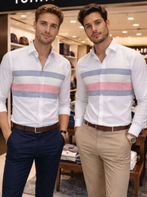 Drezola  Men’s White Striped Cotton Shirt | Slim Fit | Premium Casual & Formal Wear